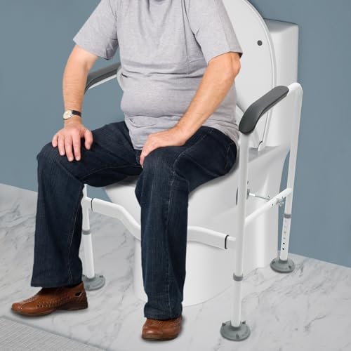 Toilet Rails for Bathroom, Stand Alone Toilet Handrail Frame with Adjustable Height, Medical Frame for Elderly Handicap, 300lbs Capacity Toilet Support Rail with Padded Handles