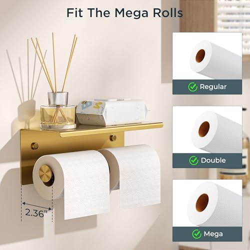 FORIOUS Toilet Paper Holder with Shelf, Commercial Toilet Paper Dispensers | Brushed Gold | Wall Mount Bathroom Tissue Holder | SUS304 Stainless Steel Rustproof | Double Tissue Roll Holder - color: Brushed Gold