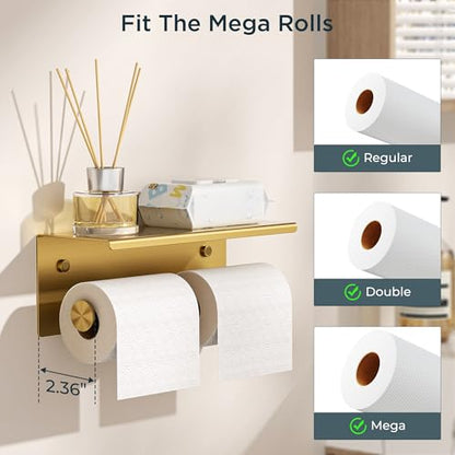 FORIOUS Toilet Paper Holder with Shelf, Commercial Toilet Paper Dispensers | Brushed Gold | Wall Mount Bathroom Tissue Holder | SUS304 Stainless Steel Rustproof | Double Tissue Roll Holder - color: Brushed Gold