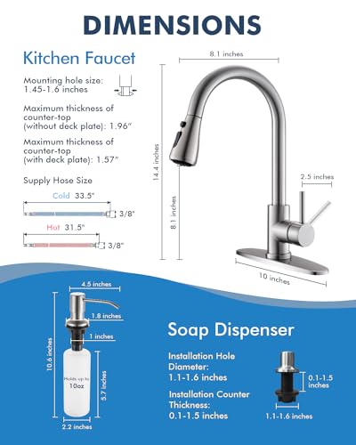 VFAUOSIT Kitchen Faucet with Pull Down Sprayer and Soap Dispenser | Deck Plate Included for 1–4-Hole Sinks, 3 Spray Modes, 20-Inch Hose, 360° Swivel, SUS304 Steel, 15-Minute Install - color: Brushed Nickel-05