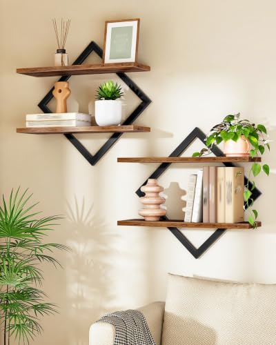 CHOEZON Floating Shelves, Set of 2 Wall Shelves, 2-Tier Hanging Shelves, Wall Shelf Set of 2, Wall Mounted Shelves, for Living Room, Bedroom, Kitchen, Office, Study, Rustic Brown TBJ01P2BF - color: Rustic Brown + Black