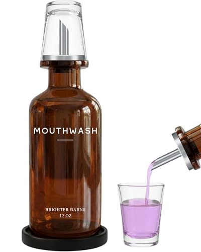 Amber Glass Mouthwash Dispenser for Bathroom by Brighter Barns - Refillable Mouthwash Container and Glass Cup - Mouth Wash Dispensers for Bathroom - Modern Decor for Office, Airbnb, Gym, Hotel (Amber) - color: Amber