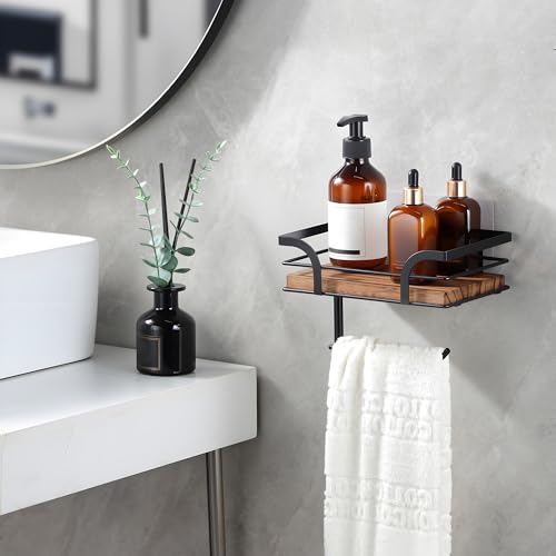 YIGII Rustic Farmhouse Toilet Paper Holder with Shelf - Wooden Tissue Paper Roll Holder, Bathroom Wall Mounted Toilet Paper Roll Holder with Wipes Storage, Black Metal - color: Matte Black+brown