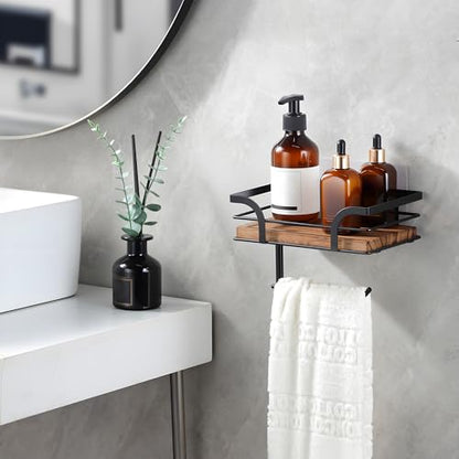 YIGII Rustic Farmhouse Toilet Paper Holder with Shelf - Wooden Tissue Paper Roll Holder, Bathroom Wall Mounted Toilet Paper Roll Holder with Wipes Storage, Black Metal - color: Matte Black+brown