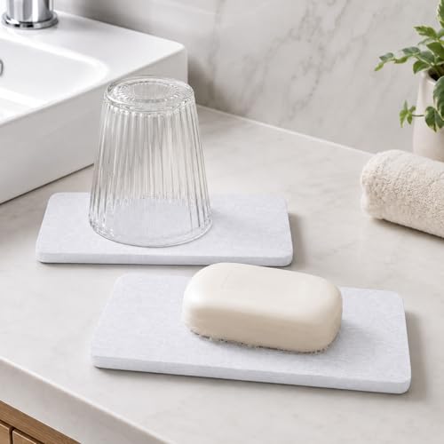 Dish Drying Mat, 2 Pack Water-Absorbent Soap Tray Mat for Bathroom Sink, Washbasin Drying, Non-Slip, Soap Dish for Bathroom, White,16X8CM - color: White, size: 16X8CM