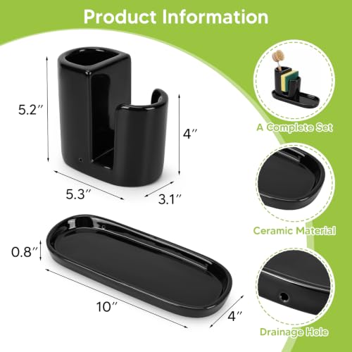 Ceramic Kitchen Sink Caddy Sponge Holder and Dish Brush Holder and Soap Tray for Kitchen Sink Organizer, Black - color: Black