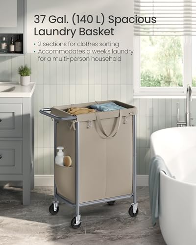 SONGMICS Laundry Basket with Wheels, 2-Section Rolling Laundry Hamper, 37 Gallons (140 L), Removable Liner, Steel Frame with Handle, 27.2 x 15.4 x 31.9 Inches, Camel Brown URLS004N01 - color: Camel Brown, size: 140 L (2-Section)