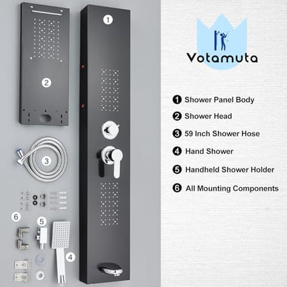 Shower Panel Wall Mount Shower Tower with LED Shower Head System Full Body Shower Jets Contemporary Shower Panels Stainless Steel Shower Faucet Set Matte Black