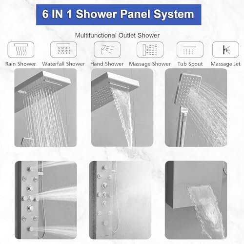 6 IN 1 Shower Panel Tower System Stainless Steel Wall Mounted | Rainfall Waterfall Shower Head,Two Mode Body Jets,Waterfall Tub Spout,with Temperature Display,Brushed Nickel and Chrome - color: Brushed Nickel and Chrome