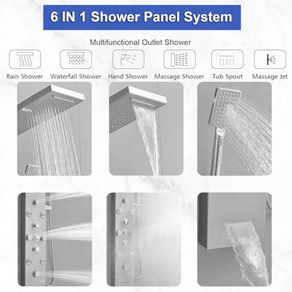 6 IN 1 Shower Panel Tower System Stainless Steel Wall Mounted | Rainfall Waterfall Shower Head,Two Mode Body Jets,Waterfall Tub Spout,with Temperature Display,Brushed Nickel and Chrome - color: Brushed Nickel and Chrome