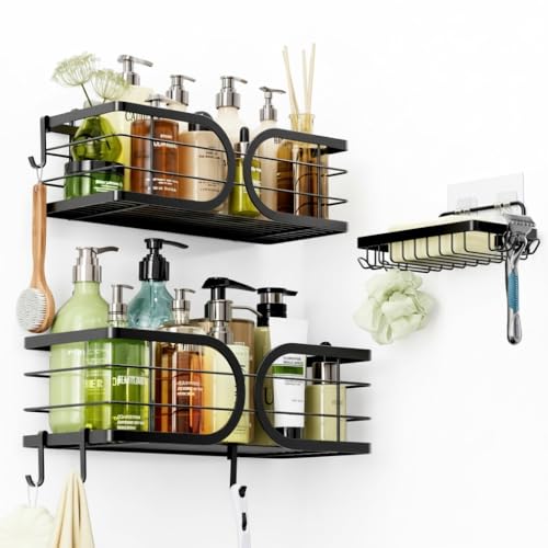 Shower Caddy 3 Pack with Soap Holder No Drill Wall Mounted 304 Stainless Steel Durable Large Capacity Adhesive Shower Rack Organiser Quick Dry Rustproof Bathroom Storage Shelves(Black) - color: Black, size: 3 Pack
