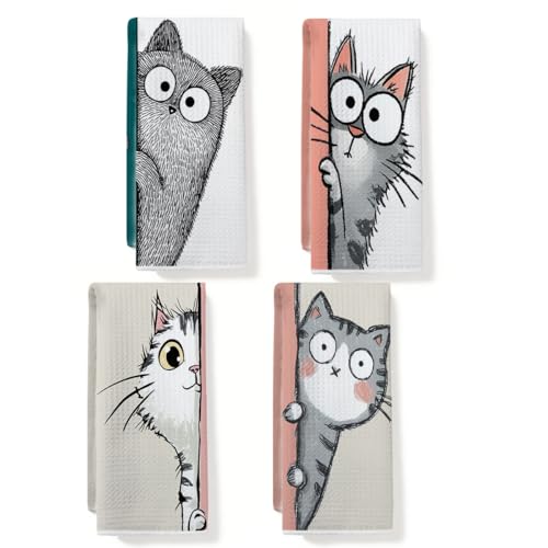 4 Pcs Funny Cat Kitchen Towels, Cute Cats Gifts Soft Absorbent Tea Towel - color: Multi 0139