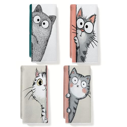 4 Pcs Funny Cat Kitchen Towels, Cute Cats Gifts Soft Absorbent Tea Towel - color: Multi 0139