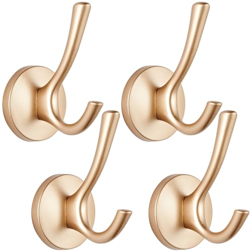 Matte Gold Towel Hooks 4 Pack, Heavy Duty Zinc Alloy Double Prong Coat Robe Hooks, Wall Mounted Towel Hooks for Bathroom, Kitchen, Closet, Garage, Entryway (195gold) - color: Brushed gold