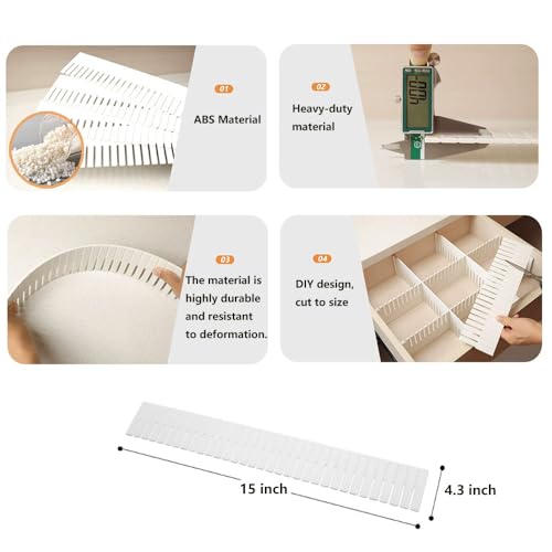 Adjustable Plastic Drawer Separators, 15 PCS Dividers + 25 Connectors, 14.96" Length x 4.33" Height, Cuttable Storage Organizer for Socks, Garments, Kitchen Tools, Bedroom & Bathroom Drawers - size: 14.96inch