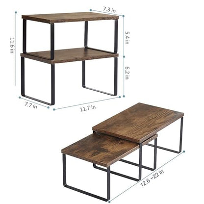 NEX Kitchen Cabinet and Counter Shelf Organizer, Shelf Riser for Pantry Countertop Cupboard Desk Top, Stackable & Expandable, Set of 4, Black and Rustic Brown | Stackable & Expandable Spice Rack, Space-Saving Pantry Organizers Bathroom Countertop Storage,