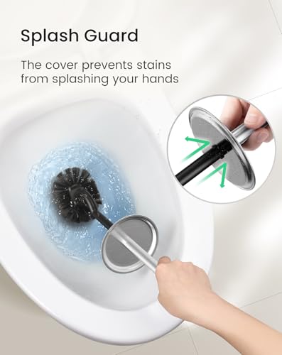 Cesun 304 Stainless Steel Toilet Brush & Holder Set, 2 Brush Heads, Silver | S-Shaped Deep Cleaning, Scratch-Free Nylon Bristles, Long Handle & Splash Guard, Replaceable Brush Head - color: Silver