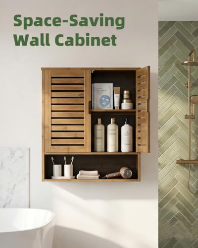 SMIBUY Bathroom Cabinet Wall Mounted, Bamboo Over-The-Toilet Storage Organizer, Space Saver Medicine Cabinet with 2 Door and Adjustable Shelves (Walnut) - color: Walnut