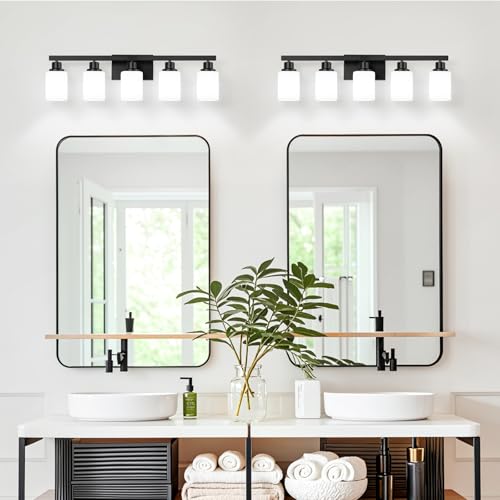 5-Light Bathroom Vanity Light, Modern Matte Black Bathroom Light Fixtures with Square Frosted Glass, Wall Sconces fixtures Over Mirror Restroom,Living Room Hallway E26 - color: Black, size: 5-Light