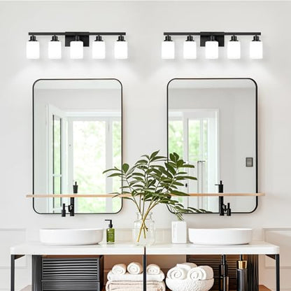 5-Light Bathroom Vanity Light, Modern Matte Black Bathroom Light Fixtures with Square Frosted Glass, Wall Sconces fixtures Over Mirror Restroom,Living Room Hallway E26 - color: Black, size: 5-Light