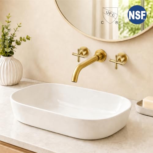 Midanya Wall Mount Bathroom Faucet 3 Hole 2 Cross Handle,Antique Brass | SUS304 Stainless Steel,Rough-in Valve Included,360° Swivel Spout,for Bathroom Sink,Vanity - color: Antique Brass