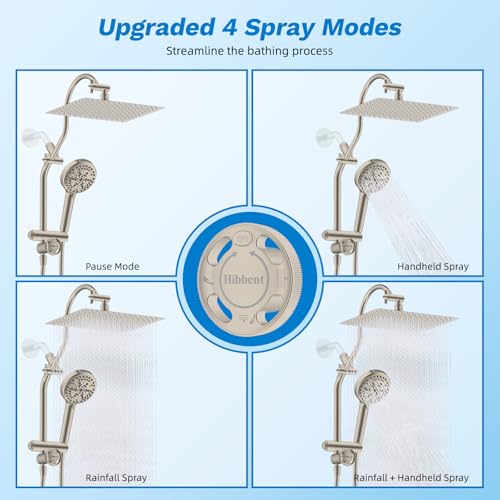 Hibbent High Pressue All Metal 12" Rainfall Shower Head, Handheld 10-Spray | cUPC Certified Brushed Nickel Dual Showerhead Combo, 4-way Diverter with Pause Mode, Brass Extension Arm, 71'' Hose & Holder - color: Brushed Nickel, style: Square 12"