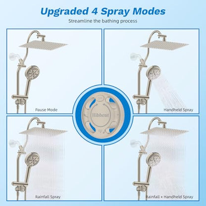 Hibbent High Pressue All Metal 12" Rainfall Shower Head, Handheld 10-Spray | cUPC Certified Brushed Nickel Dual Showerhead Combo, 4-way Diverter with Pause Mode, Brass Extension Arm, 71'' Hose & Holder - color: Brushed Nickel, style: Square 12"