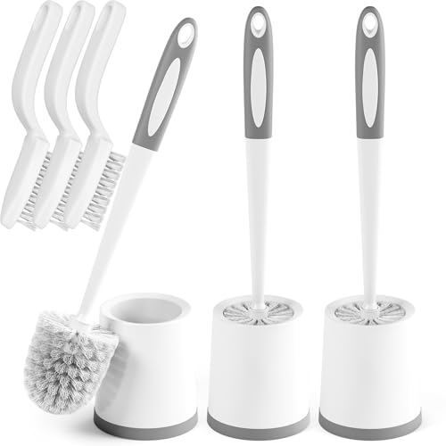Holaloha Toilet Brush and Holder Set, 3 Pack, White | Bathroom Accessories, Ergonomic Silicone Handle, Dense Bristles, Deep Cleaning, with 3 Crevice Brushes, Scrubber