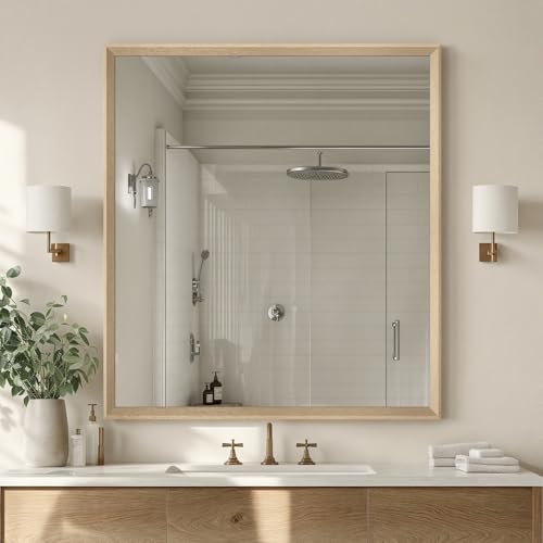 Oak Wood Effect Framed Wall Mirror, 36x40 Rectangle Mirror | Anti-desilvering Tempered Glass, Sustainable& Sturdy Frame, Farmhouse Mirror, Anti-Rust, 3min Setup for Bathroom Living Room - color: Oak Wood, size: 40"L x 36"W