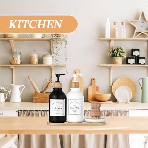 Zopeal 4 Pcs 16 oz Kitchen Soap Dispenser Set with Bamboo Tray and Dish Brush Plastic Soap Dispenser Set with Waterproof Labels for Hand Dish Lotion(Matte Black,White) - color: Matte Black,white