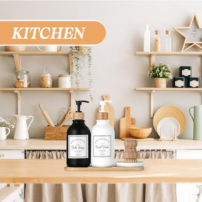 Zopeal 4 Pcs 16 oz Kitchen Soap Dispenser Set with Bamboo Tray and Dish Brush Plastic Soap Dispenser Set with Waterproof Labels for Hand Dish Lotion(Matte Black,White) - color: Matte Black,white