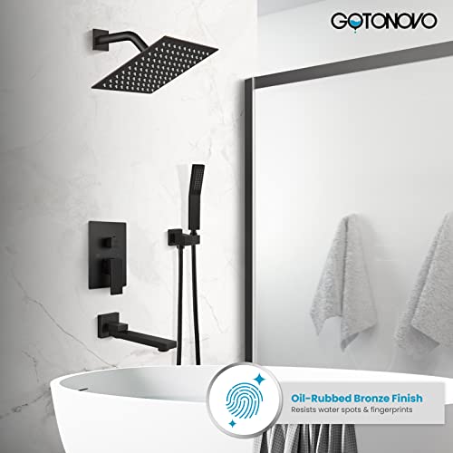 gotonovo Tub Shower Faucet Set with Valve Kit 8’’ Head,Oil Rubbed Bronze | Shower System with Tub Spout,SUS304 Rain Head with Handheld Sprayer,Swivel Spout,All Metal,Rough-In Valve Trim Kit,Wall Mount - color: Bronze, size: 8’’ Head