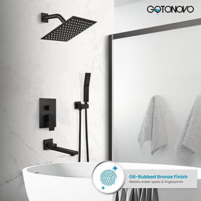 gotonovo Tub Shower Faucet Set with Valve Kit 8’’ Head,Oil Rubbed Bronze | Shower System with Tub Spout,SUS304 Rain Head with Handheld Sprayer,Swivel Spout,All Metal,Rough-In Valve Trim Kit,Wall Mount - color: Bronze, size: 8’’ Head