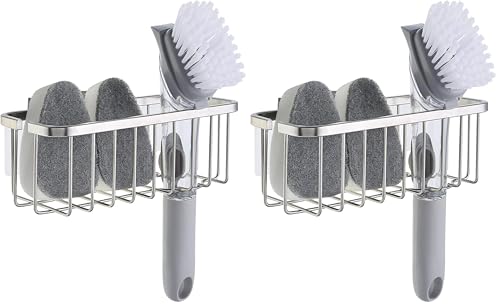 SunnyPoint NeverRust Deluxe Kitchen & Bathroom Sink Sponge Holder Organizer with Adhesive Mount - Additional Suction Cup Included – Sponge & Brush NOT Included – 7.4 x 3.3 x 2.75 Inch (Pack of 2) - color: Brush, size: 7.4 x 3.3 x 2.75 Inch (Pack of 2)
