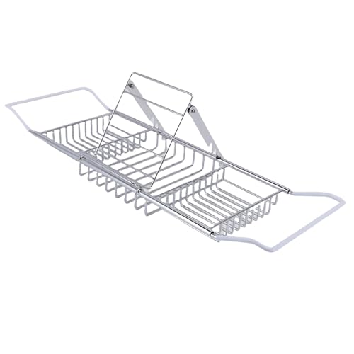 Yctze Stainless Steel Bathtub Tray, Adjustable Shower Tub Caddy with Extendable Sides & Removable Book Holder for Bathroom Accessories (Silver) - color: Silver