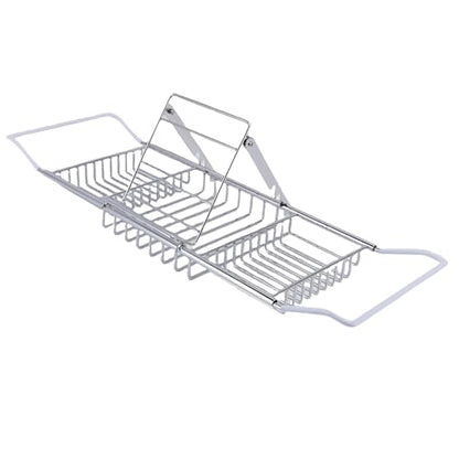 Yctze Stainless Steel Bathtub Tray, Adjustable Shower Tub Caddy with Extendable Sides & Removable Book Holder for Bathroom Accessories (Silver) - color: Silver