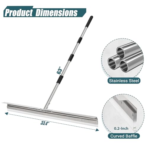Heavy-Duty Large Floor Squeegee for Concrete, 33.4" Commercial Silicone Blade Squeegee for Floor with 63" Stainless Handle, Anti-Splash Curved Baffle for Garage, Factory, and Tough Cleaning Jobs