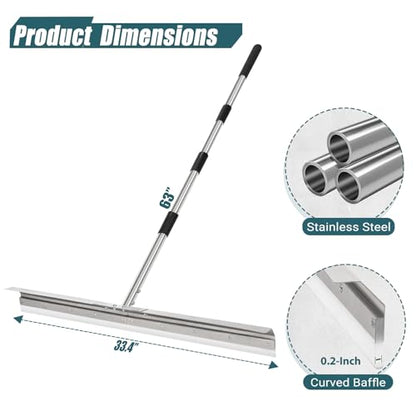 Heavy-Duty Large Floor Squeegee for Concrete, 33.4" Commercial Silicone Blade Squeegee for Floor with 63" Stainless Handle, Anti-Splash Curved Baffle for Garage, Factory, and Tough Cleaning Jobs