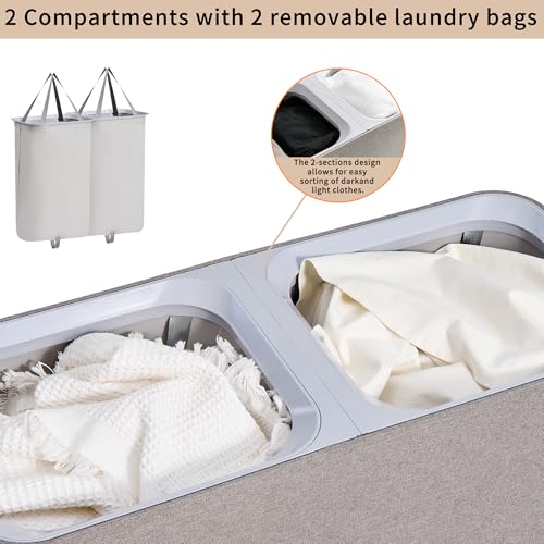 150L Laundry Hamper with Lid,Large Portable 2 Dividers Dirty Clothes Basket | with Handles for Bedroom Laundry Room Closet Bathroom College Dorm, Grey