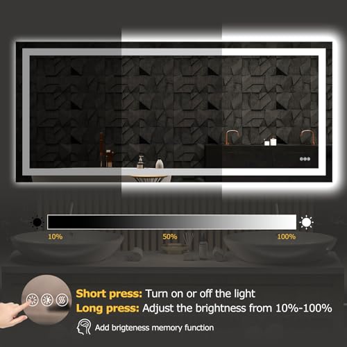 Hivone 72"X32" LED Bathroom Mirror with Lights, Anti-Fog, Dimmable, Backlit + Front Lit, Smart Bathroom Vanity Mirror, Memory Function, Shatterproof, Tempered Glass (Horizontal/Vertical) - size: 72"L x 32"W