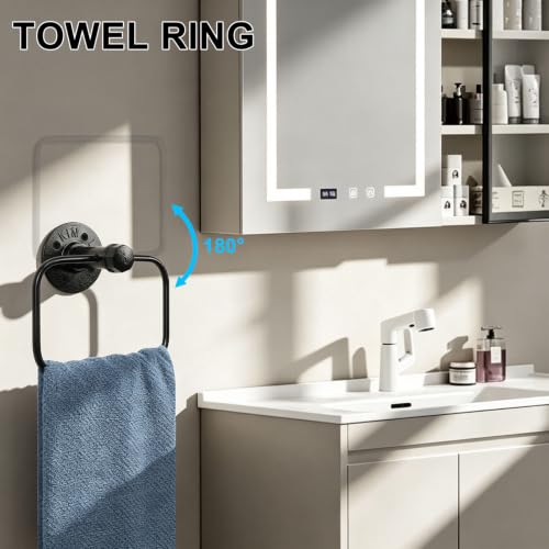 5-Pieces Industrial Pipe Bathroom Accessories Hardware Kit DIY Wall Mounted Includes Towel Bar Robe Hooks Toilet Paper Holder and Towel Ring (Black, 18 Inch)
