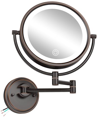 10" Brass Large Wall Mounted Makeup Mirror with Extension Arm Lighting | 3 Color LED Touch Dimming, 1/5X Double-Sided Magnifying Vanity for Bathroom, Hard Wired Oil Rubbed Bronze - color: Oil Rubbed Bronze