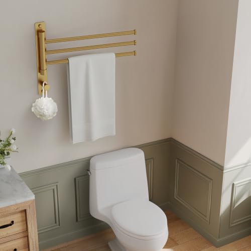 Swivel Towel Rack, Brushed Gold, 12.5 in, 3-Arm Towel Bar | 304 Stainless Steel, Space Saving, Wall Mounted, With Hook - color: Brushed Gold