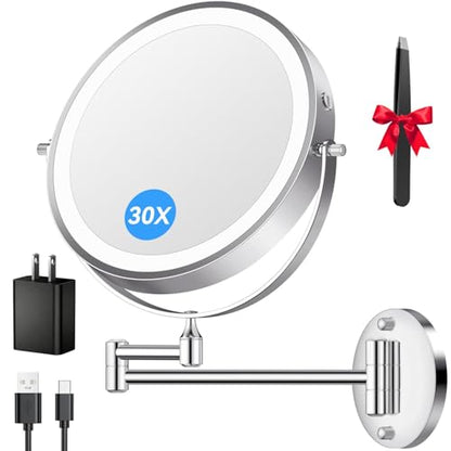 Auxmir 9″ 5000mAh 1X/30X Wall Mounted Lighted Magnifying Makeup Mirror | Power Adapter&2 Tweezers Included/ 3 Dimmable Colors/ Dual Sided Button Control/ Rechargeable/ 360° Rotation Extended Arm - color: 9'' 30x-chrome+adapter