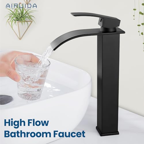 Airuida Vessel Sink Faucet, Matte Black Tall Waterfall Bathroom Faucet | Single Handle,Tall Bathroom Faucet 1 Hole,Vanity Faucet,without Drain,Bowl Bathroom Faucet - color: Matte Black