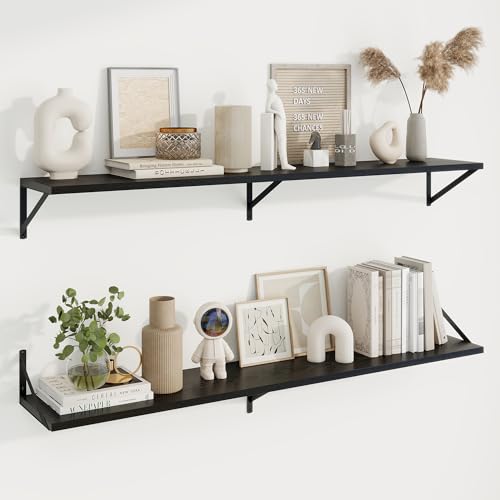Deep Floating Shelves, 55'' x 10'' Black Wall Shelves Set of 2 | 10 Inch Deep Shelves with Heavy Duty Brackets, Rustic Wood Shelves for Bathroom Living Room, Engineered Wood, 55LBS - color: Black, size: 55W x 10D