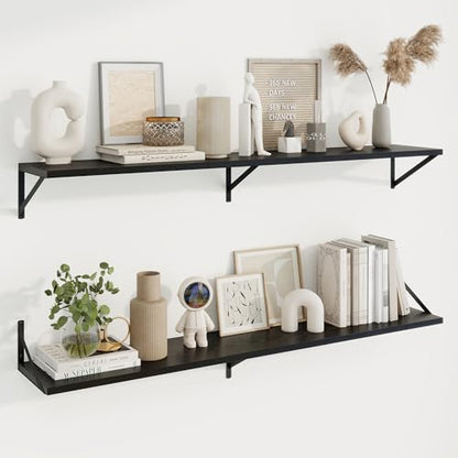 Deep Floating Shelves, 55'' x 10'' Black Wall Shelves Set of 2 | 10 Inch Deep Shelves with Heavy Duty Brackets, Rustic Wood Shelves for Bathroom Living Room, Engineered Wood, 55LBS - color: Black, size: 55W x 10D