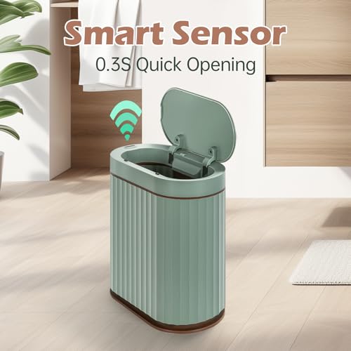 ELPHECO Bathroom Trash Can with Automatic Lid, 2 Gallon, Sage Green Gold | Motion Sensor Wastebasket, Smart Garbage Can, IPX5 Waterproof Slim Trash Bin for Office, Kitchen and Bathroom - color: Green Brown
