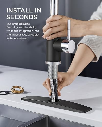 FORIOUS Kitchen Faucet with Soap Dispenser, Stainless Steel, Black Chrome | Pull Down Sprayer, High Arc Single Handle, Classic 3 Modes Bar Sink Faucet with Deck Plate, Suitable for Rv Laundry Camper - color: Black&Chrome, style: Classic