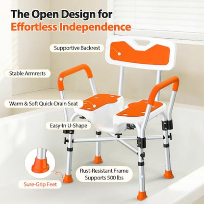 FSA/HSA Heavy Duty Shower Chair for Inside Shower, 500LBS Shower Chair with Arms Back, Padded Bath Seat with U-Shaped Cutout, Anti-Slip Adjustable Bath Stool for Seniors, Handicap, Pregnant, Orange